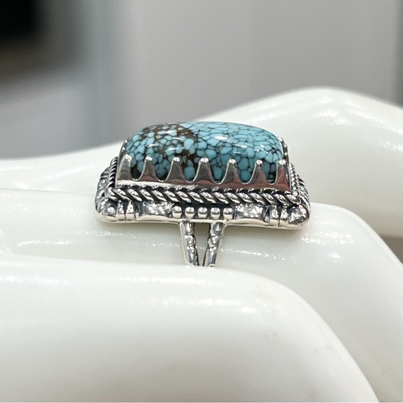 Blue Moon Turquoise Black Oxidized Sterling Silver Rectangular BOHO Ring Sz 7 - Picture 7 of 10